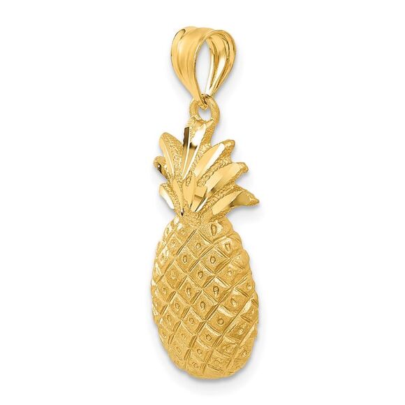 14k Yellow Gold Satin and Diamond Cut Pineapple Pendant - Picture 4 of 6